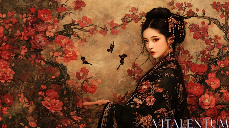 Elegant courtesan gazes amid crimson blossoms and silence