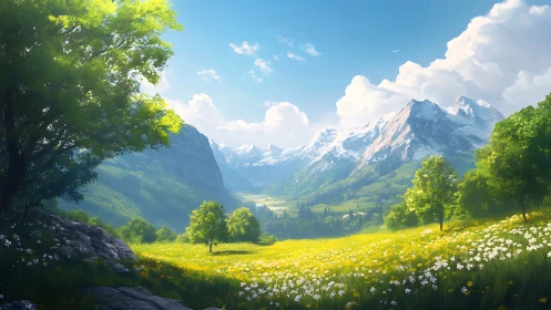 Digital painting of alpine meadow panorama with snow peaks.
