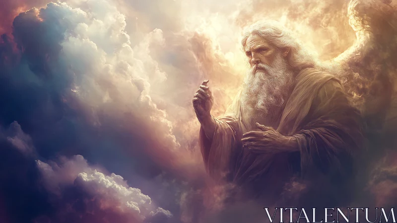 Radiant elder in swirling golden clouds gestures with calm grace