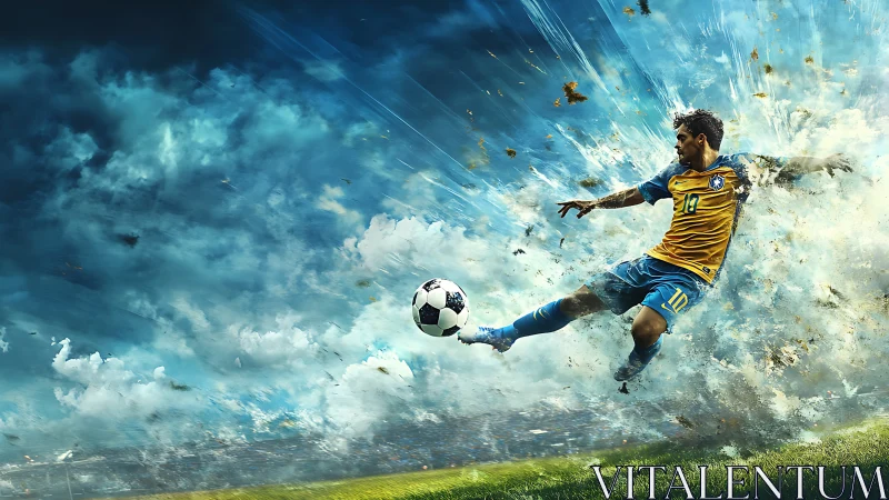 Dynamic soccer player kicking ball in explosive motion art.