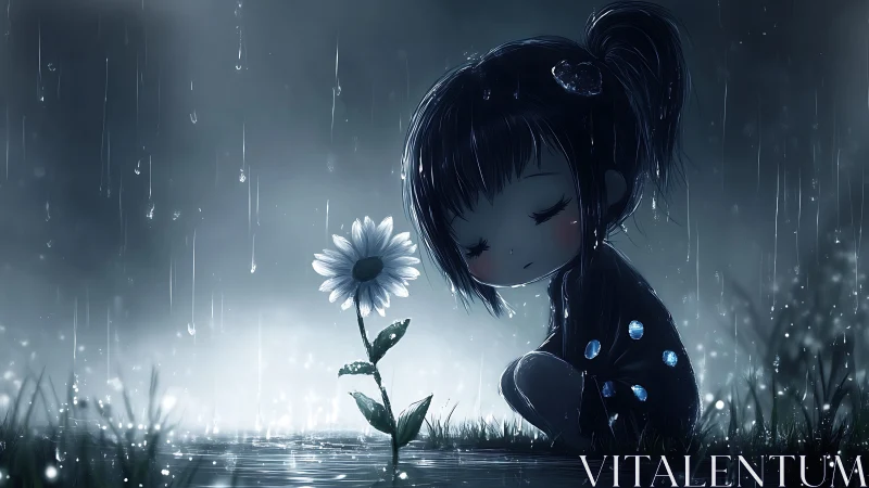 Somber chibi girl guarding a lone daisy in twilight rain.