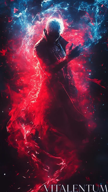 Energy-wreathed warrior in red blue bifurcated nebula field.