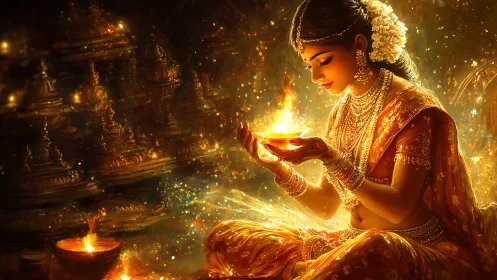 Digital goddess portrait with glowing diya in golden temple.