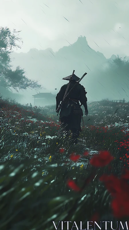 Lone samurai walks through rain-soaked wildflower field