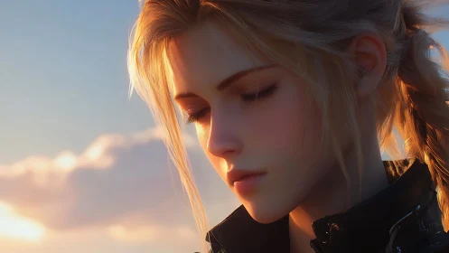 Profile portrait of blonde woman in soft sunset light.