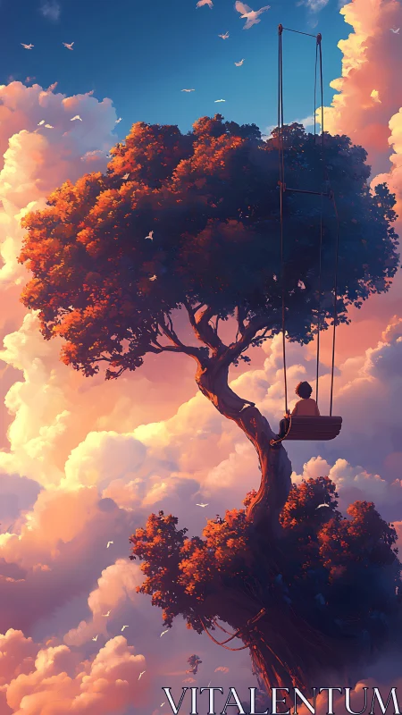 Tall tree with suspended swing above dense cloudscape.