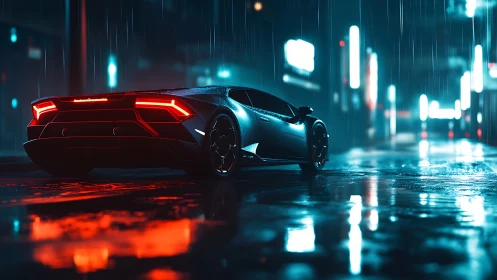 Midnight supercar glows against neon lights and city rain