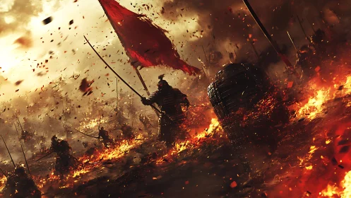 Armored warriors advancing through burning battlefield scene.