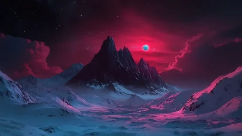 Radiant alien mountains glowing under a dreamy crimson sky.