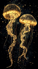 Golden jellyfish drift upward like lanterns in deep space