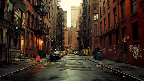 Wet urban alleyway with brick buildings and fire escapes.