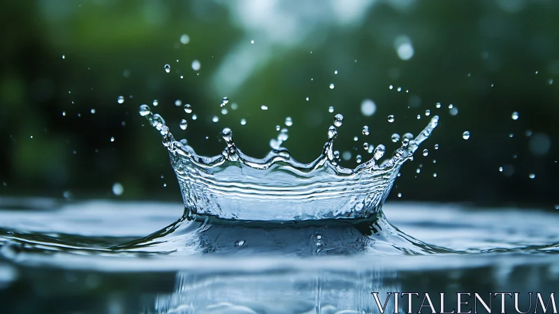High-speed macro crown splash in reflective water field.