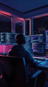 Nighttime developer at multi-monitor workstation, neon city glow