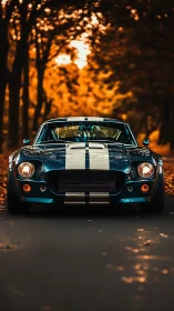 Classic blue muscle car under golden autumn canopy.