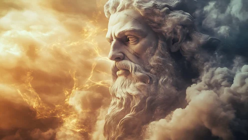 Storm-sculpted titan gazes through blazing celestial clouds