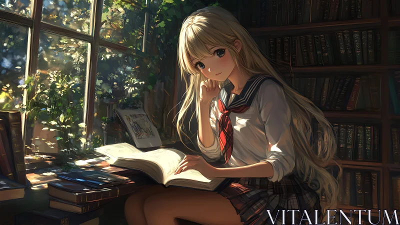 Sunlit anime schoolgirl studying by window in classic library