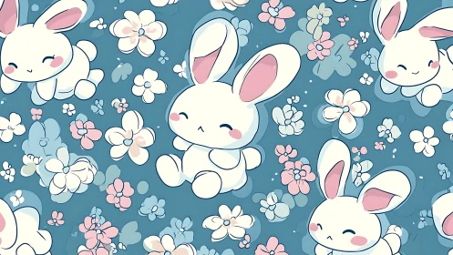 Cute white cartoon bunnies rest among pastel spring flowers