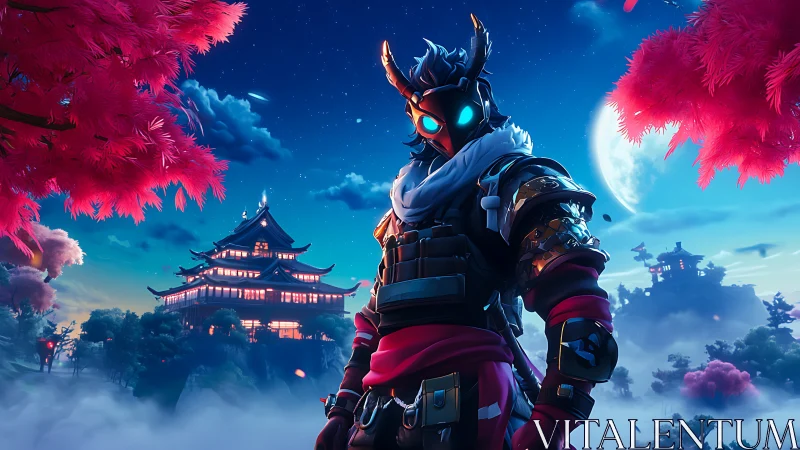 Armored masked figure in neon-lit samurai fantasy landscape.