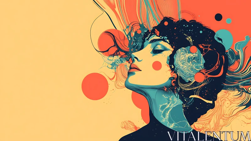 Profile view of stylized female figure in abstract colors.