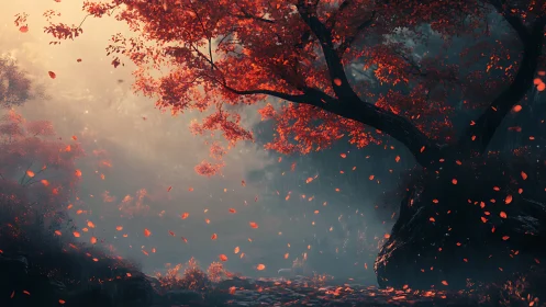 Cinematic red maple tree in misty backlit forest clearing