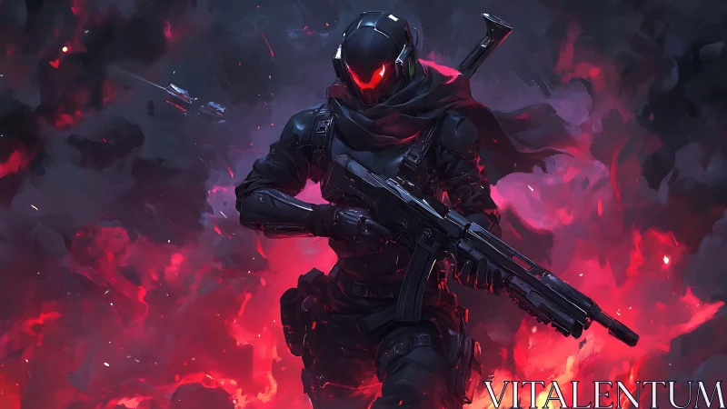 Tactical exosuit operative advancing through incendiary nebula field