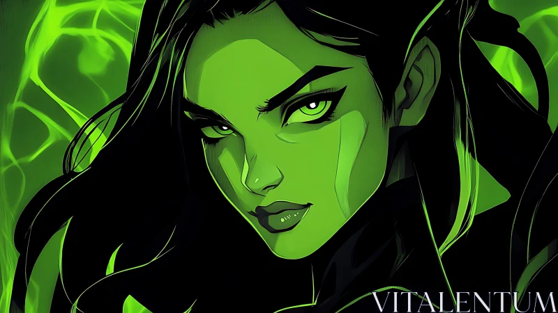 High-contrast green heroine portrait in dynamic comic style.