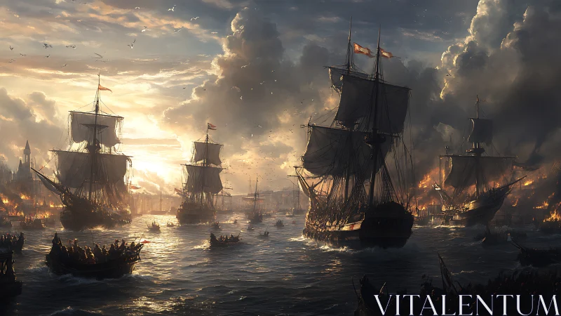 Tall warships advance through burning harbor at stormlit dusk