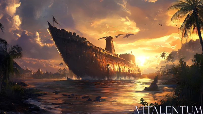 Colossal beached ark with dragons at tropical river sunset