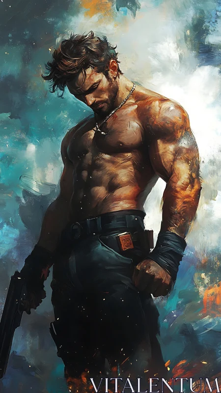 Battle-scarred gunfighter brooding in a storm of painted fire.