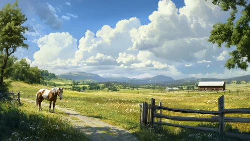 Sunlit pasture dreams with lone horse and distant barns.