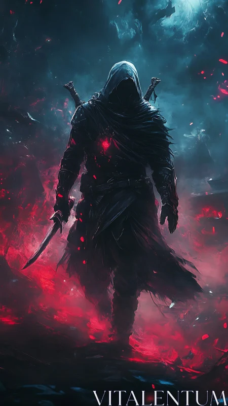Hooded blade wielder in red and blue atmospheric field.
