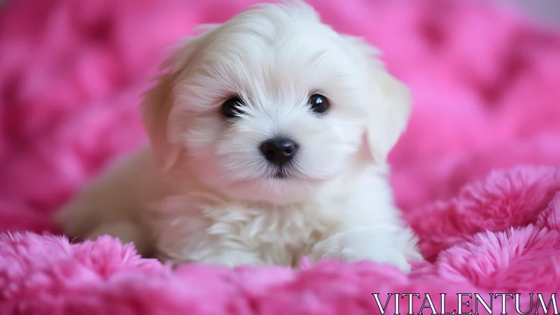 White puppy on pink textured blanket in close-up view.