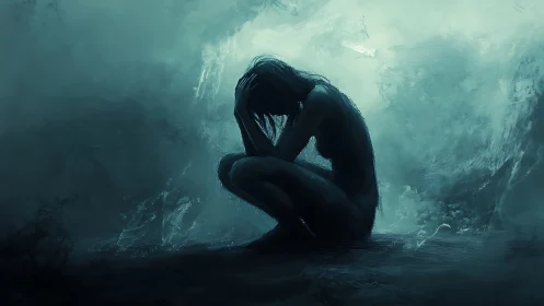 Silent storm curls inward as a lone figure folds into shadow