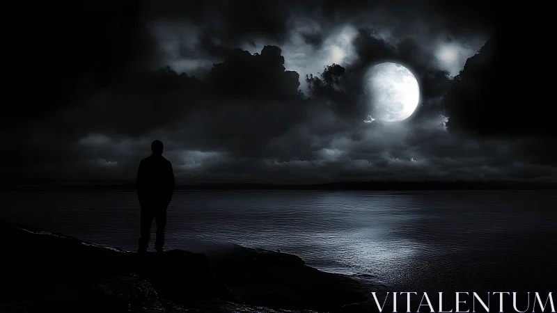 Solitary figure watches stormy moonlit ocean horizon.