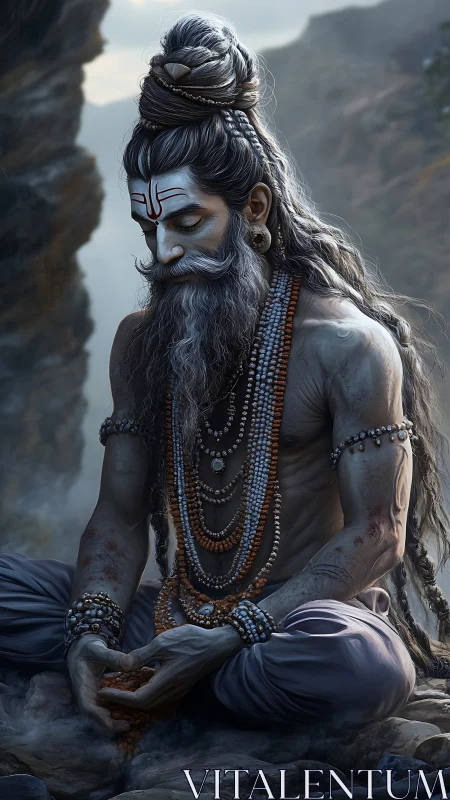 Mystic ascetic in mountains immersed in meditative stillness.