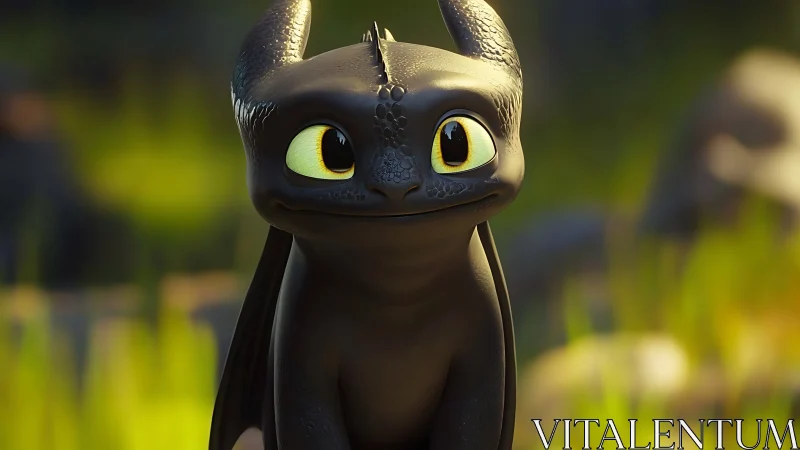 Playful black dragon rendered in soft cinematic daylight.