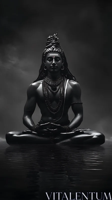 Monochrome seated yogic deity over reflective water surface