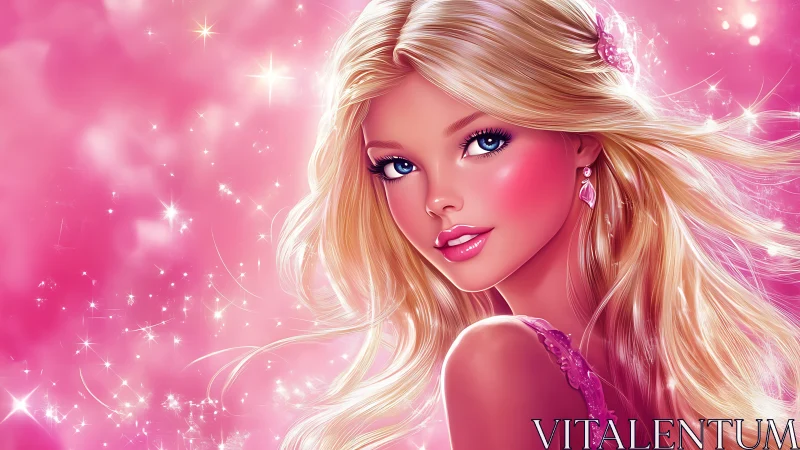 Sparkling blonde beauty smiles softly in a dreamy pink glow