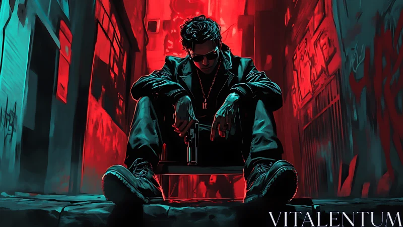 Brooding man with gun in neon lit urban alley at night.