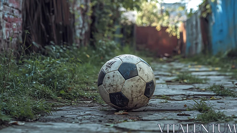 Weathered football resting on overgrown stone alleyway path.