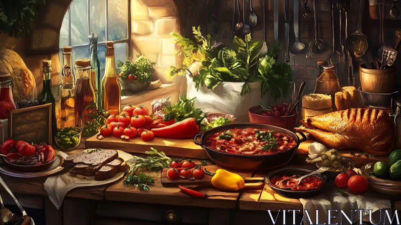 Sunlit rustic kitchen feast simmering in golden abundance.