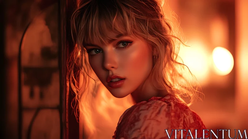 Cinematic portrait in warm orange bokeh light glow.