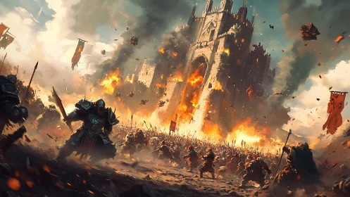 Epic siege of a burning castle in a storm of steel and fire.