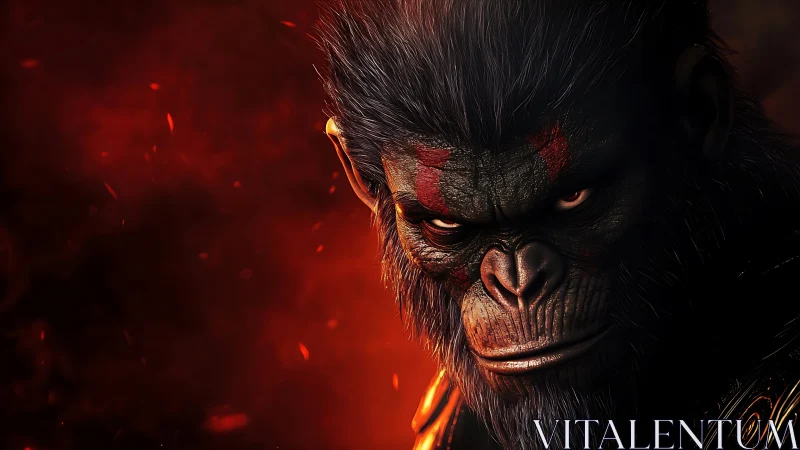 Intense close-up of war-painted ape against fiery background