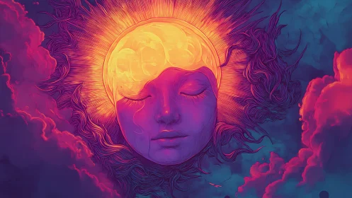 Radiant celestial face merges with sun amid neon clouds