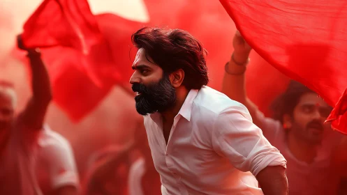 Photorealistic crowd portrait under dynamic red banners.