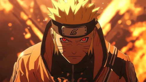 Intense anime ninja portrait with fiery glowing background.
