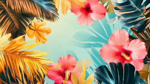 Tropical Flowers and Palm Fronds Against Turquoise Sky.