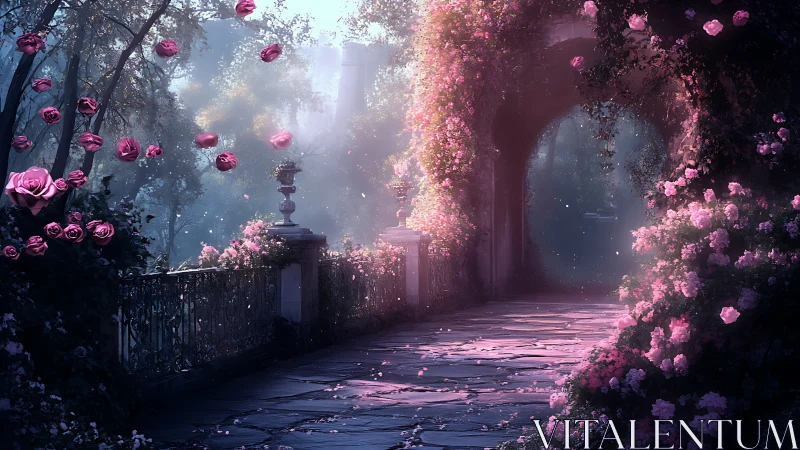 Enchanted rose-covered garden arch in ethereal dawn light.