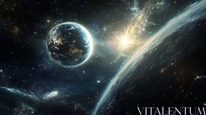 Solar-lit Earth and distant planet in deep space vista.